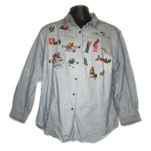 Cambridge Cultural Patch Embroidered Button Up Shirt (Size: 14, Color: Blue)
